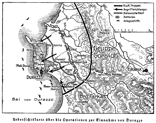 Karte zum Ersten Weltkrieg: Die Einnahme von Durazzo (Albanien)